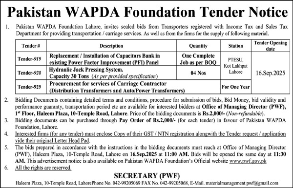 Pakistan WAPDA Foundation Lahore Tender Notice
